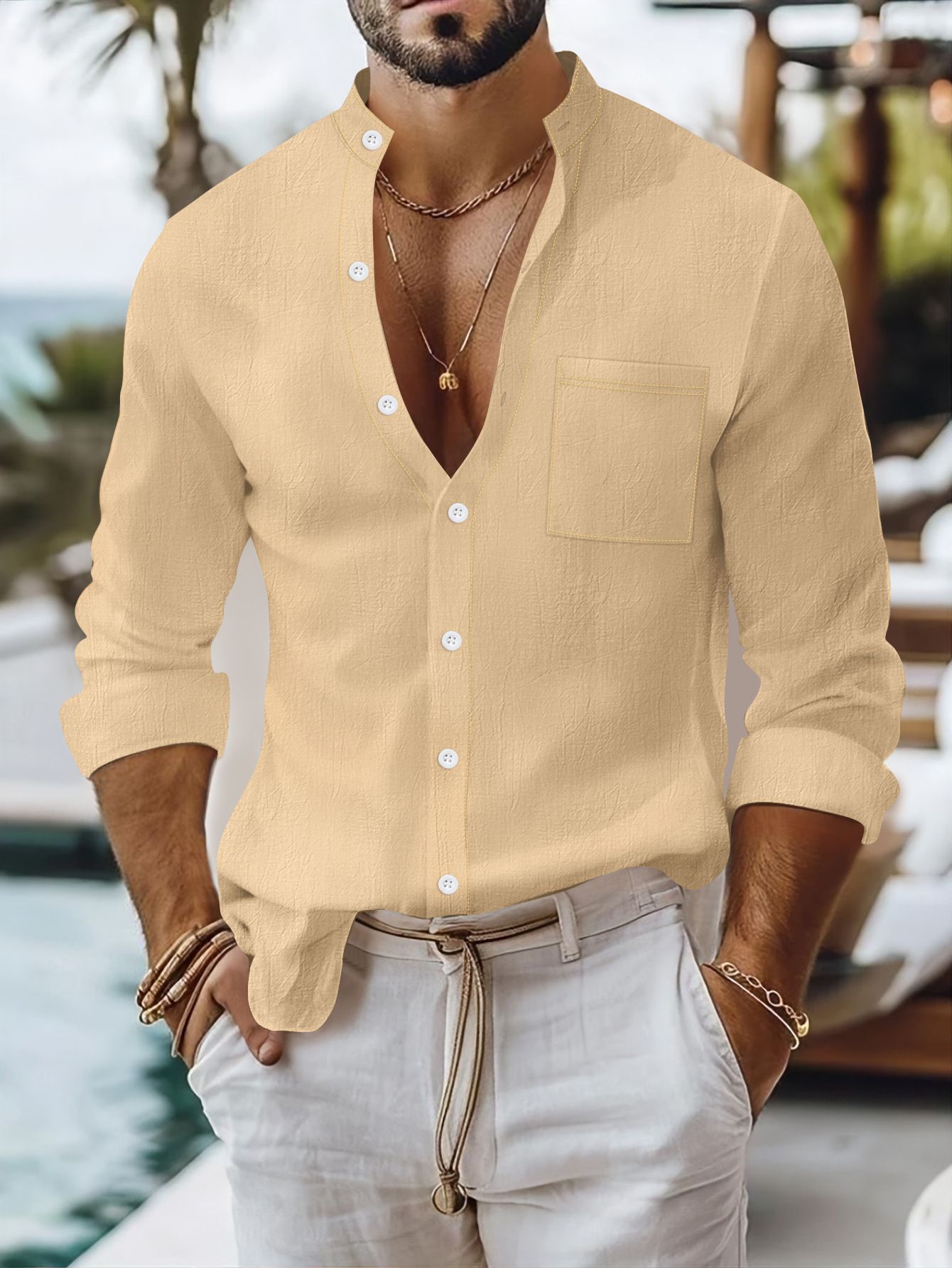 Clothes > Men's Clothing > Tops > Shirts  Spring and Autumn Men's Solid Color Cotton and Linen Shirts Stand Collar Cardigan Long Sleeve Business Casual Shirt