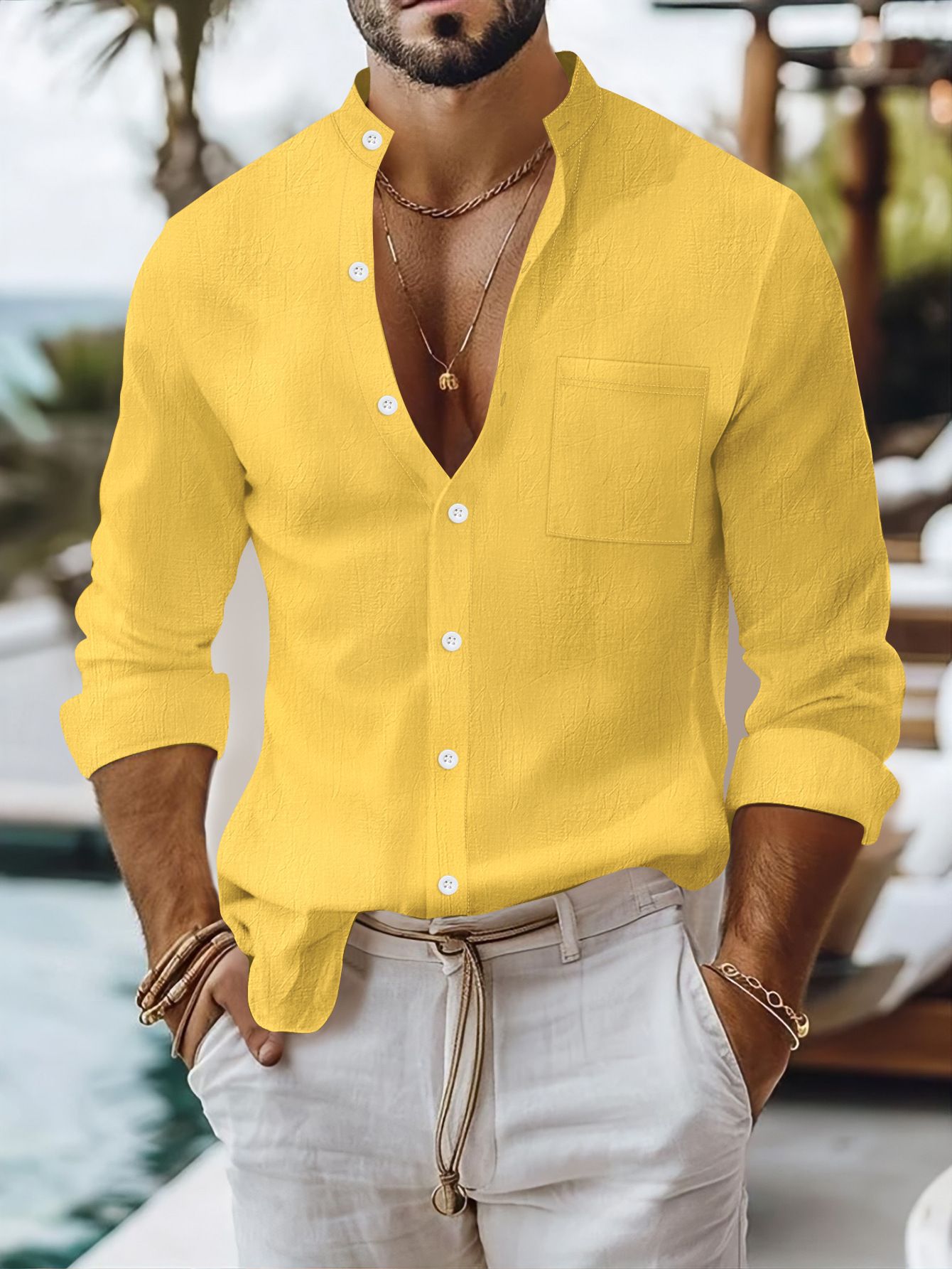 Clothes > Men's Clothing > Tops > Shirts  Spring and Autumn Men's Solid Color Cotton and Linen Shirts Stand Collar Cardigan Long Sleeve Business Casual Shirt