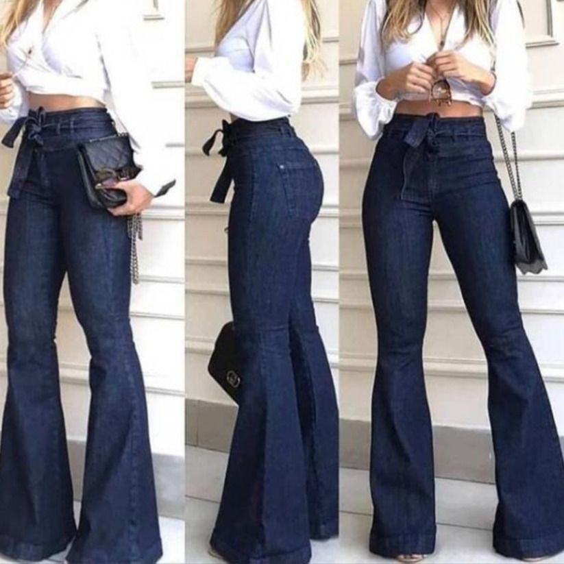 Clothes > Women's Clothing > Bottoms > Jeans  European and American high-waisted micro-elastic lace-up flared pants, wide-leg pants, women's jeans