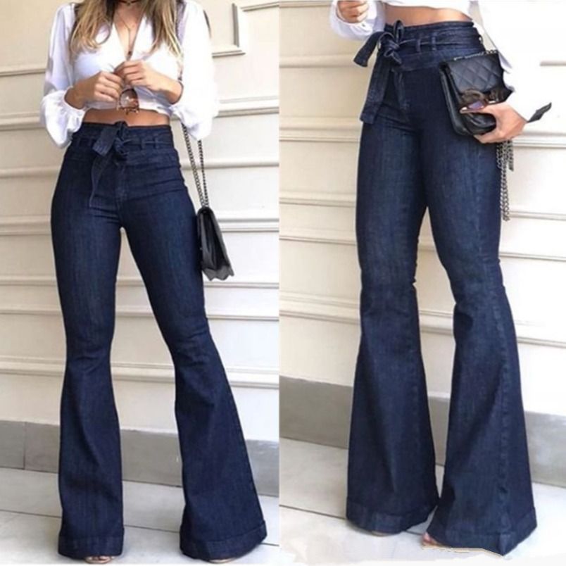 Clothes > Women's Clothing > Bottoms > Jeans  European and American high-waisted micro-elastic lace-up flared pants, wide-leg pants, women's jeans