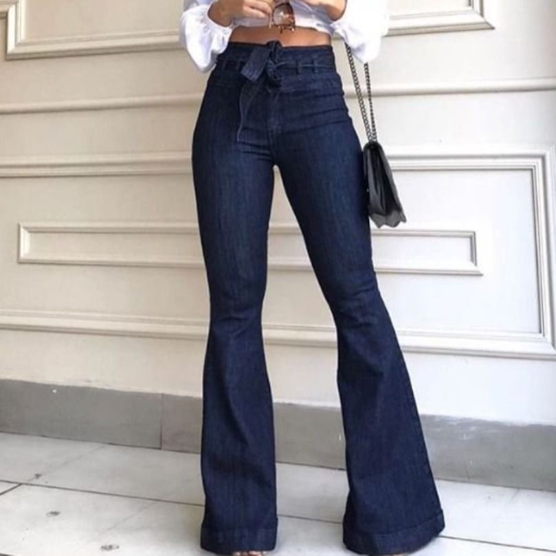 Clothes > Women's Clothing > Bottoms > Jeans  European and American high-waisted micro-elastic lace-up flared pants, wide-leg pants, women's jeans