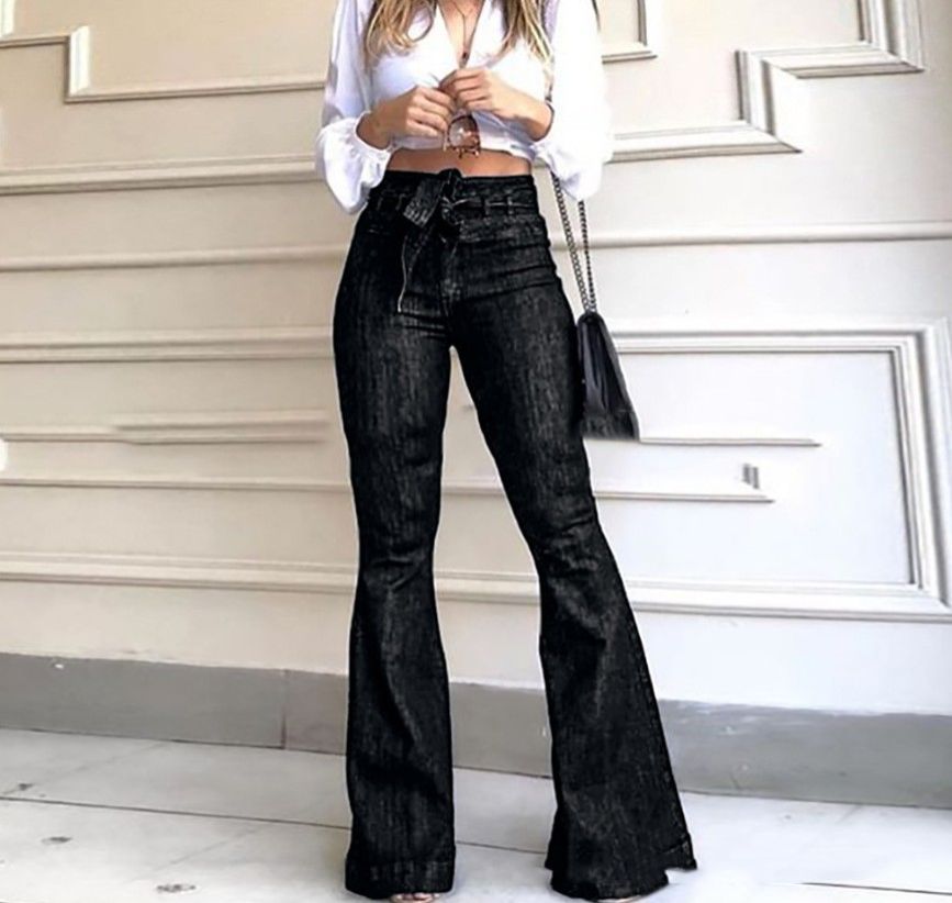 Clothes > Women's Clothing > Bottoms > Jeans  European and American high-waisted micro-elastic lace-up flared pants, wide-leg pants, women's jeans