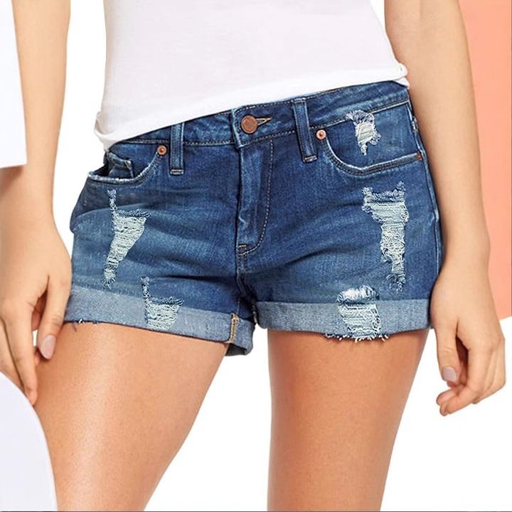 Clothes > Women's Clothing > Bottoms > Jeans European and American elastic ripped denim shorts women's jeans casual pants blue