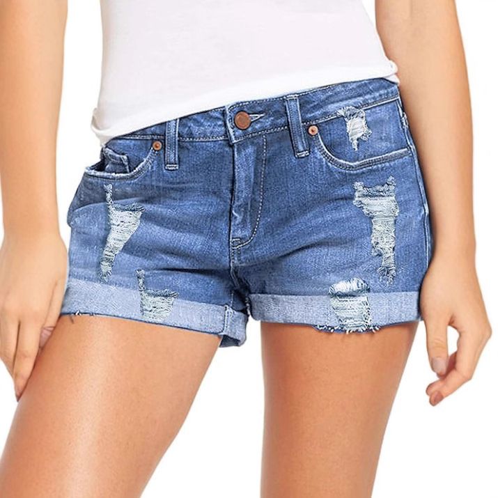 Clothes > Women's Clothing > Bottoms > Jeans European and American elastic ripped denim shorts women's jeans casual pants blue