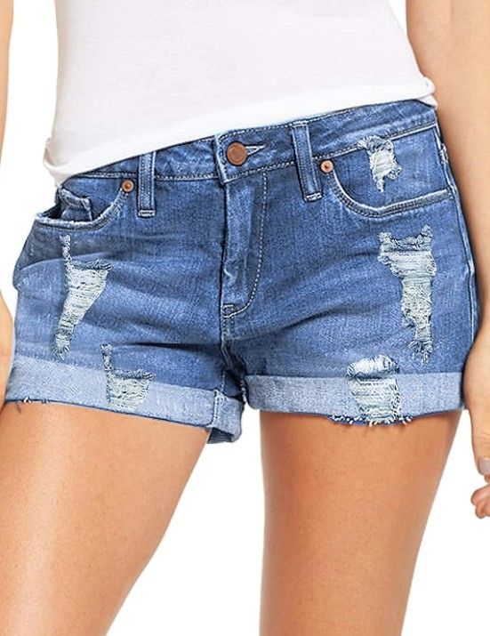 Clothes > Women's Clothing > Bottoms > Jeans European and American elastic ripped denim shorts women's jeans casual pants blue