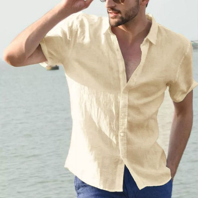 Clothes > Men's Clothing > Tops > Shirts  Summer new cross-border men's solid color casual short-sleeved lapel single-breasted cardigan shirt
