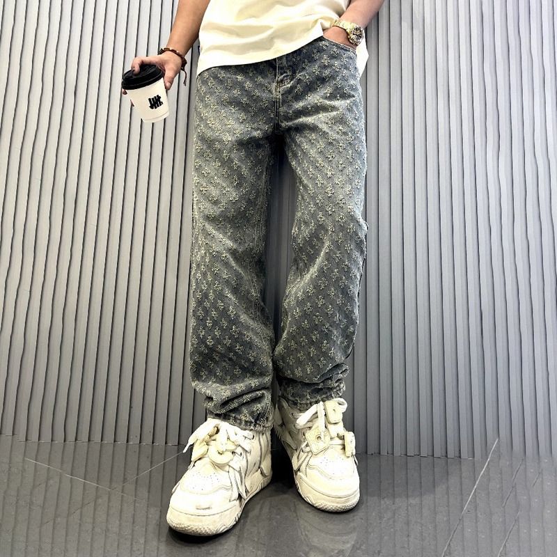 Clothes > Women's Clothing > Bottoms > Jeans  Jacquard all over printed high street trendy brand ins design jeans loose straight style washed wide leg long trousers