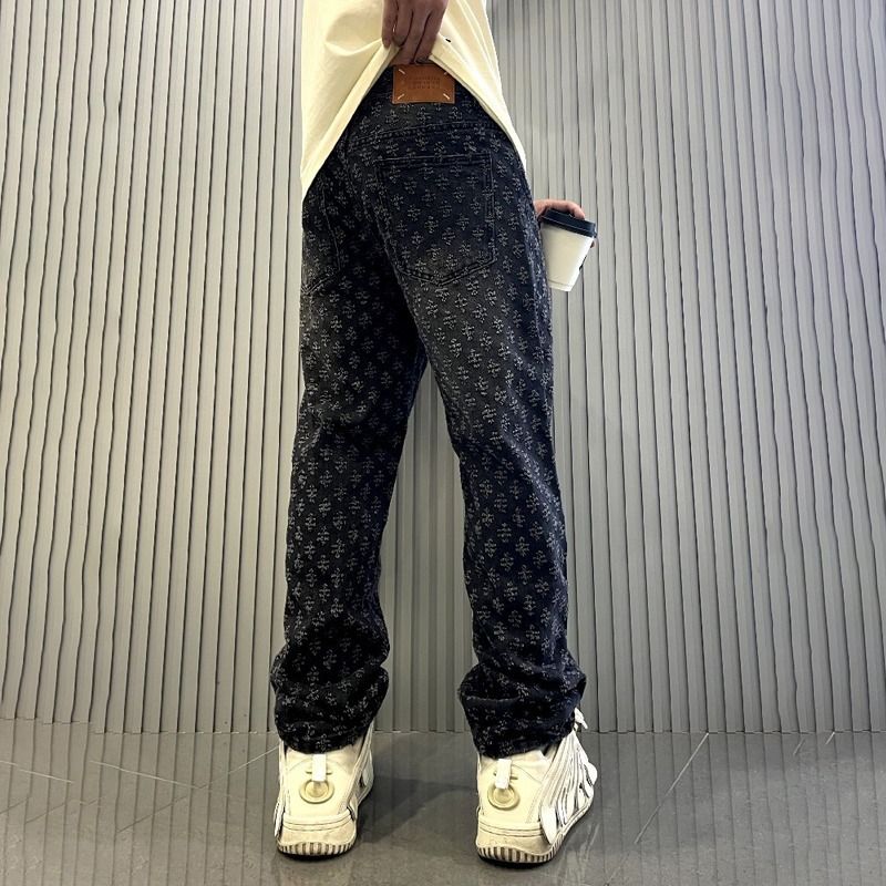 Clothes > Women's Clothing > Bottoms > Jeans  Jacquard all over printed high street trendy brand ins design jeans loose straight style washed wide leg long trousers