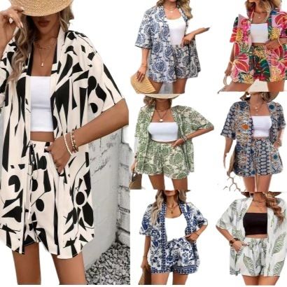 Clothes > Women's Clothing > Clothing Sets > Two-Piece Outfits Vacation Print Elegant Two-Piece Shirt Short Sleeve Top Lace High Waist Shorts