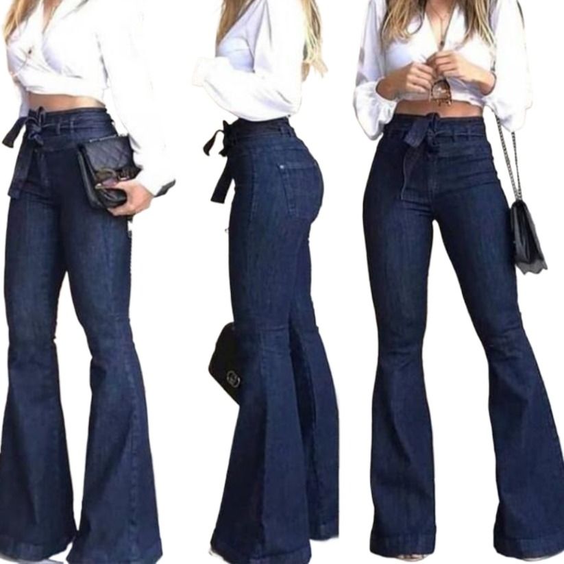 Clothes > Women's Clothing > Bottoms > Jeans  European and American high-waisted micro-elastic lace-up flared pants, wide-leg pants, women's jeans