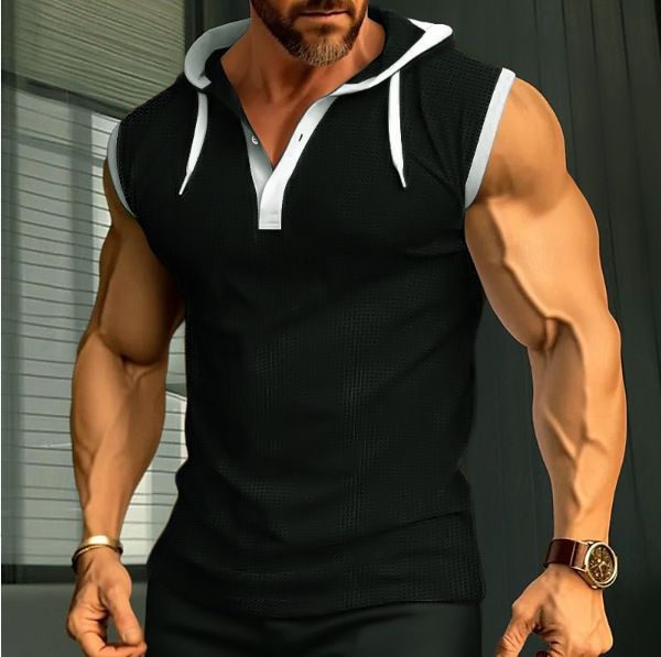 Clothes > Men's Clothing > Tops > T-Shirts European and American new men's vest heavy hooded waistcoat trendy brand casual sleeveless T-shirt