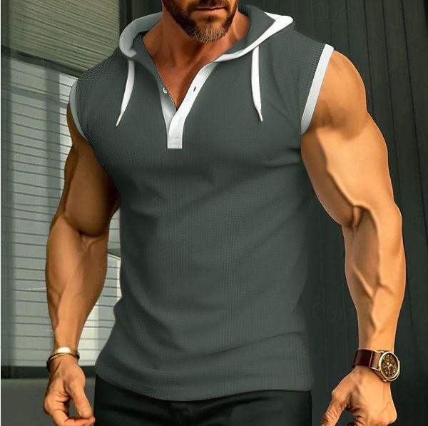 Clothes > Men's Clothing > Tops > T-Shirts European and American new men's vest heavy hooded waistcoat trendy brand casual sleeveless T-shirt