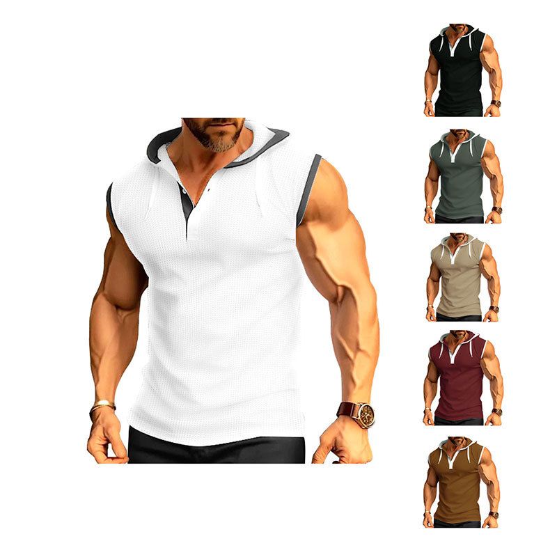 Clothes > Men's Clothing > Tops > T-Shirts European and American new men's vest heavy hooded waistcoat trendy brand casual sleeveless T-shirt