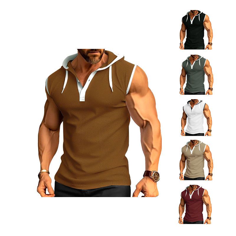 Clothes > Men's Clothing > Tops > T-Shirts European and American new men's vest heavy hooded waistcoat trendy brand casual sleeveless T-shirt