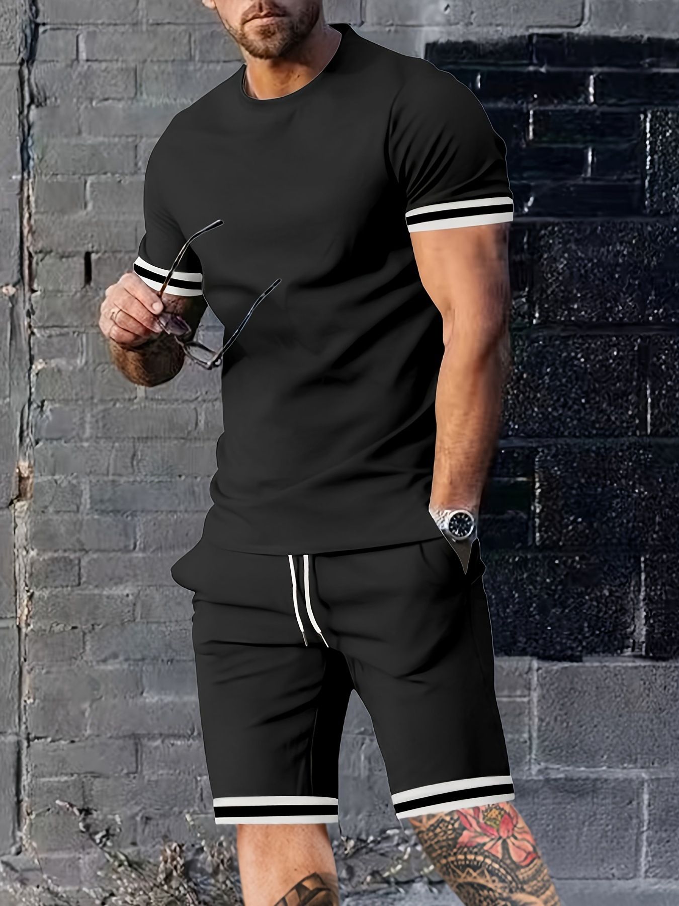 Clothes > Men's Clothing > Clothing Sets > Two-Piece Outfits  European and American summer men's short-sleeved T-shirt round neck suit sports men's casual shorts two-piece set for men