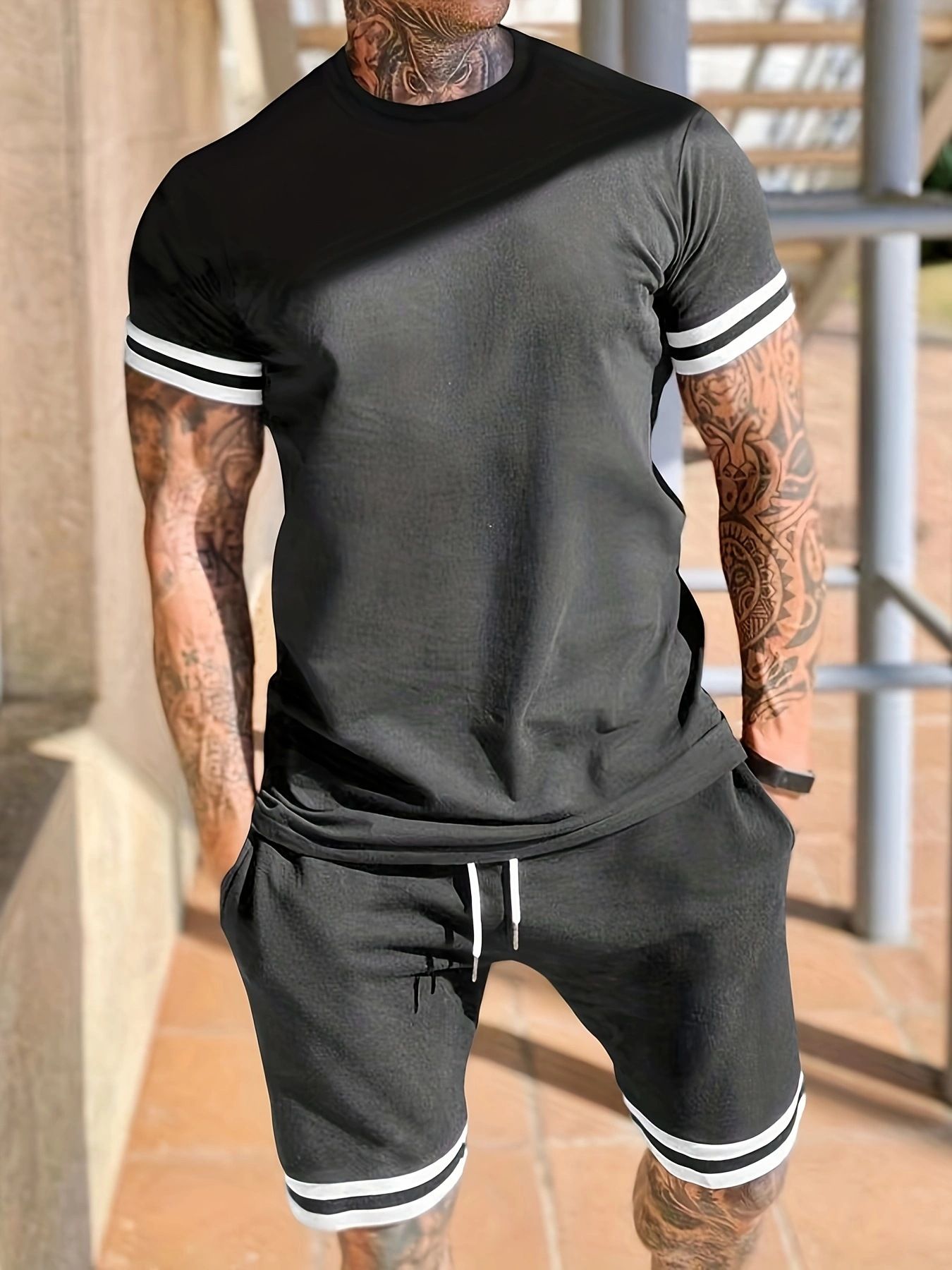 Clothes > Men's Clothing > Clothing Sets > Two-Piece Outfits  European and American summer men's short-sleeved T-shirt round neck suit sports men's casual shorts two-piece set for men