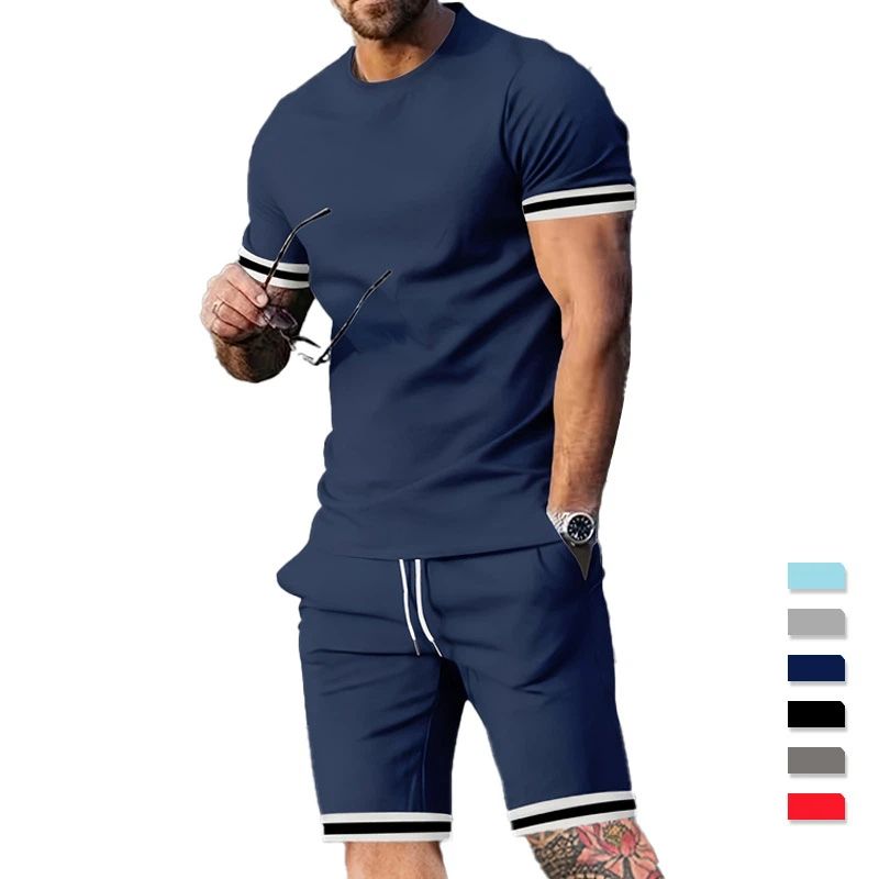 Clothes > Men's Clothing > Clothing Sets > Two-Piece Outfits  European and American summer men's short-sleeved T-shirt round neck suit sports men's casual shorts two-piece set for men