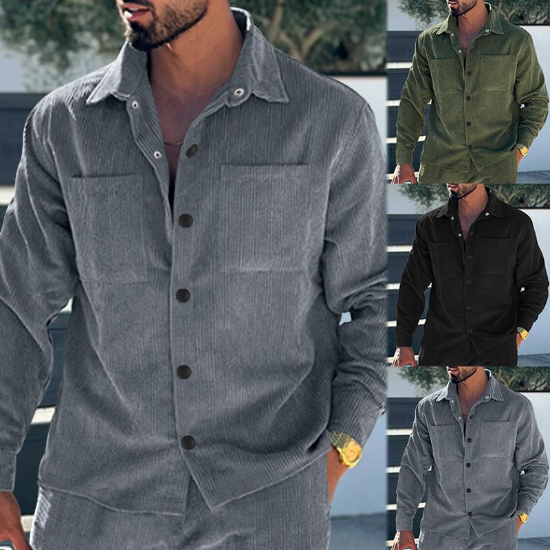 Clothes > Men's Clothing > Tops > Shirts  Men's shirt new style multi-pocket slim cardigan corduroy casual men's jacket top trendy work wear