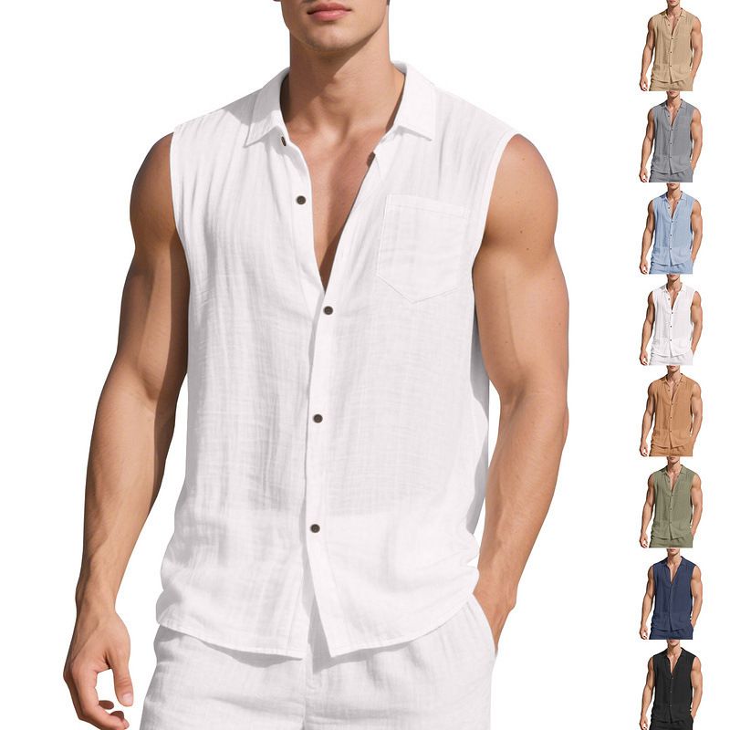 Clothes > Men's Clothing > Tops > Shirts European and American fashionable lapel men's summer new loose linen simple casual sleeveless cardigan beach shirt