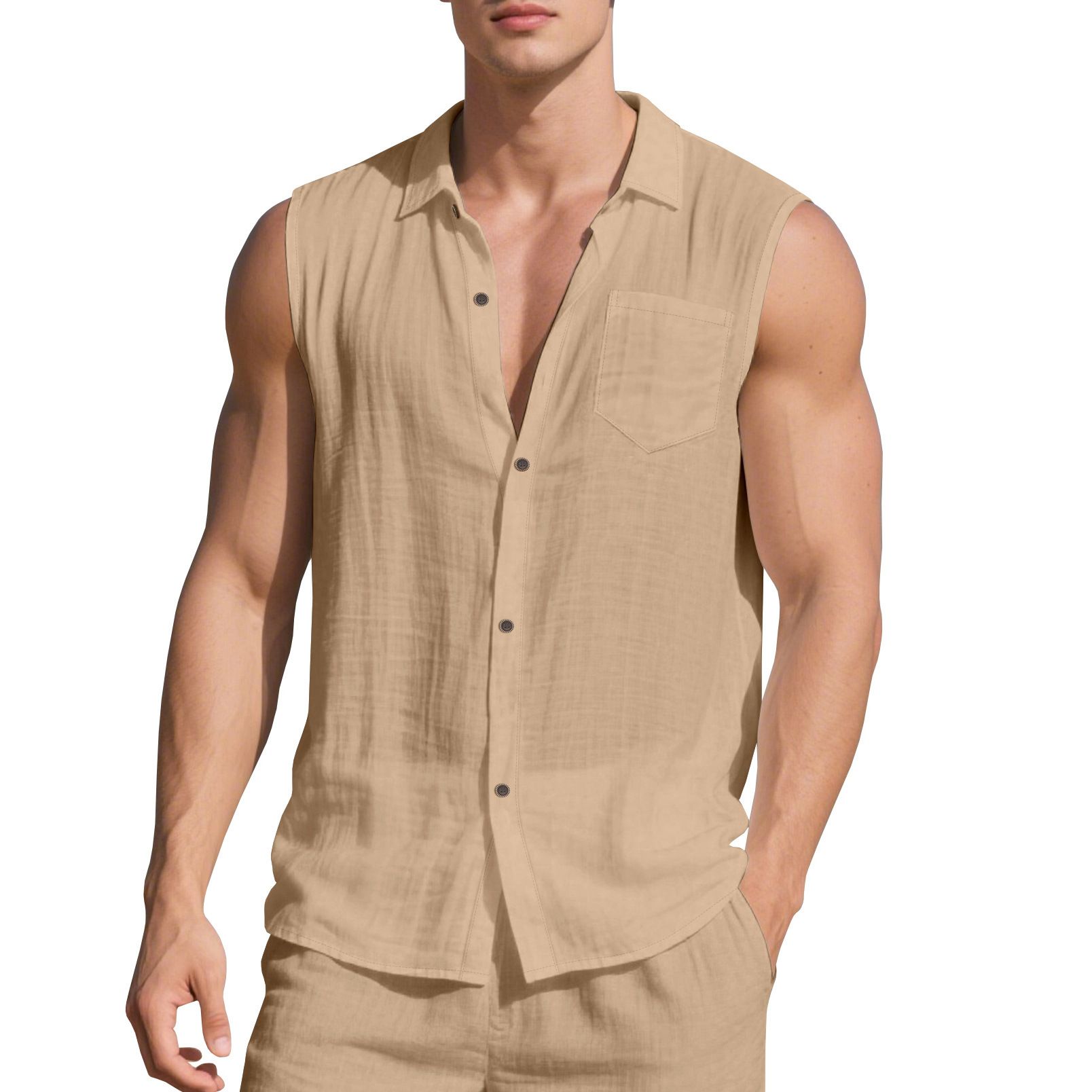 Clothes > Men's Clothing > Tops > Shirts European and American fashionable lapel men's summer new loose linen simple casual sleeveless cardigan beach shirt