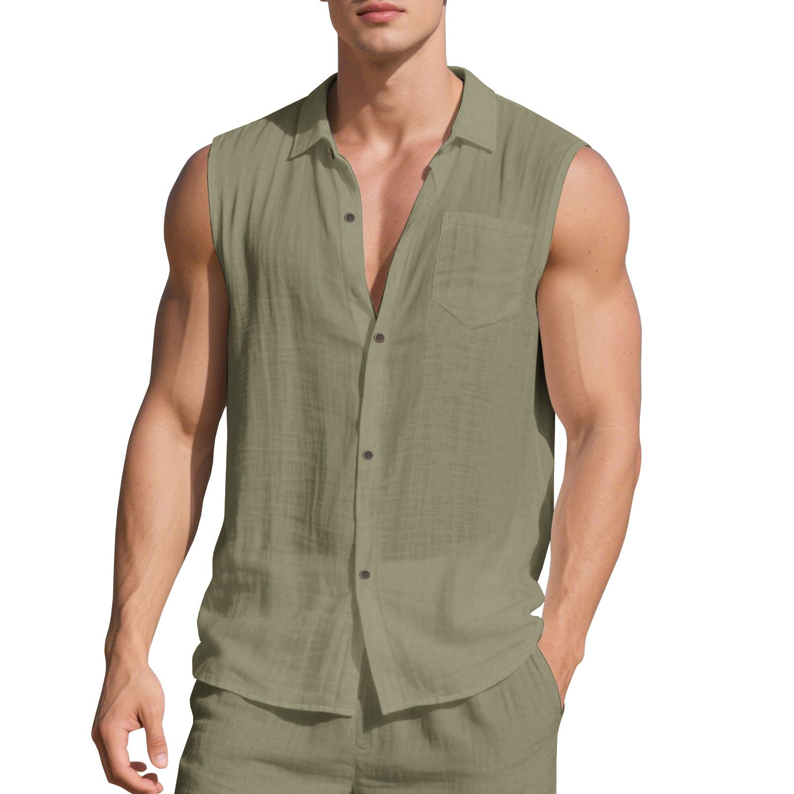 Clothes > Men's Clothing > Tops > Shirts European and American fashionable lapel men's summer new loose linen simple casual sleeveless cardigan beach shirt