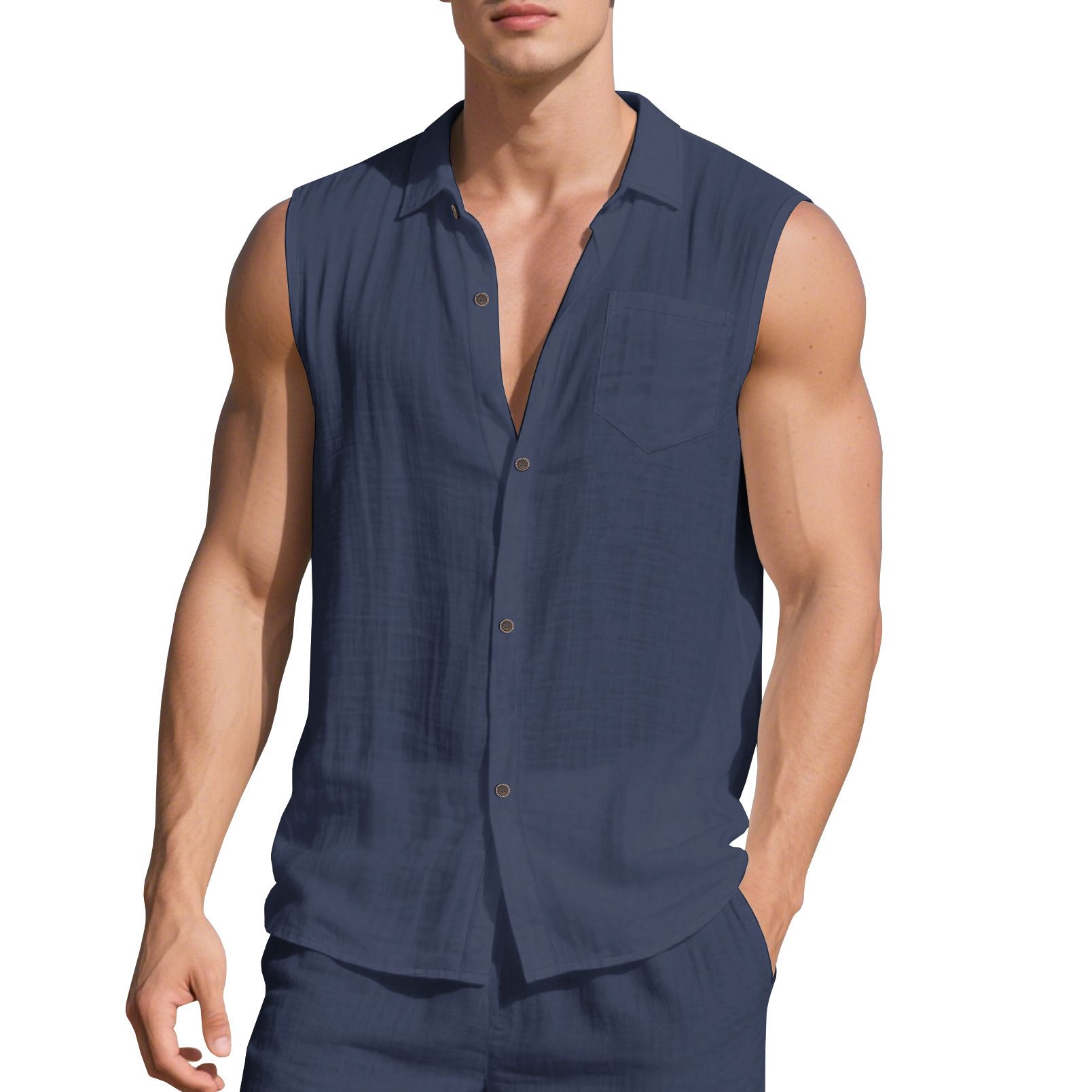Clothes > Men's Clothing > Tops > Shirts European and American fashionable lapel men's summer new loose linen simple casual sleeveless cardigan beach shirt