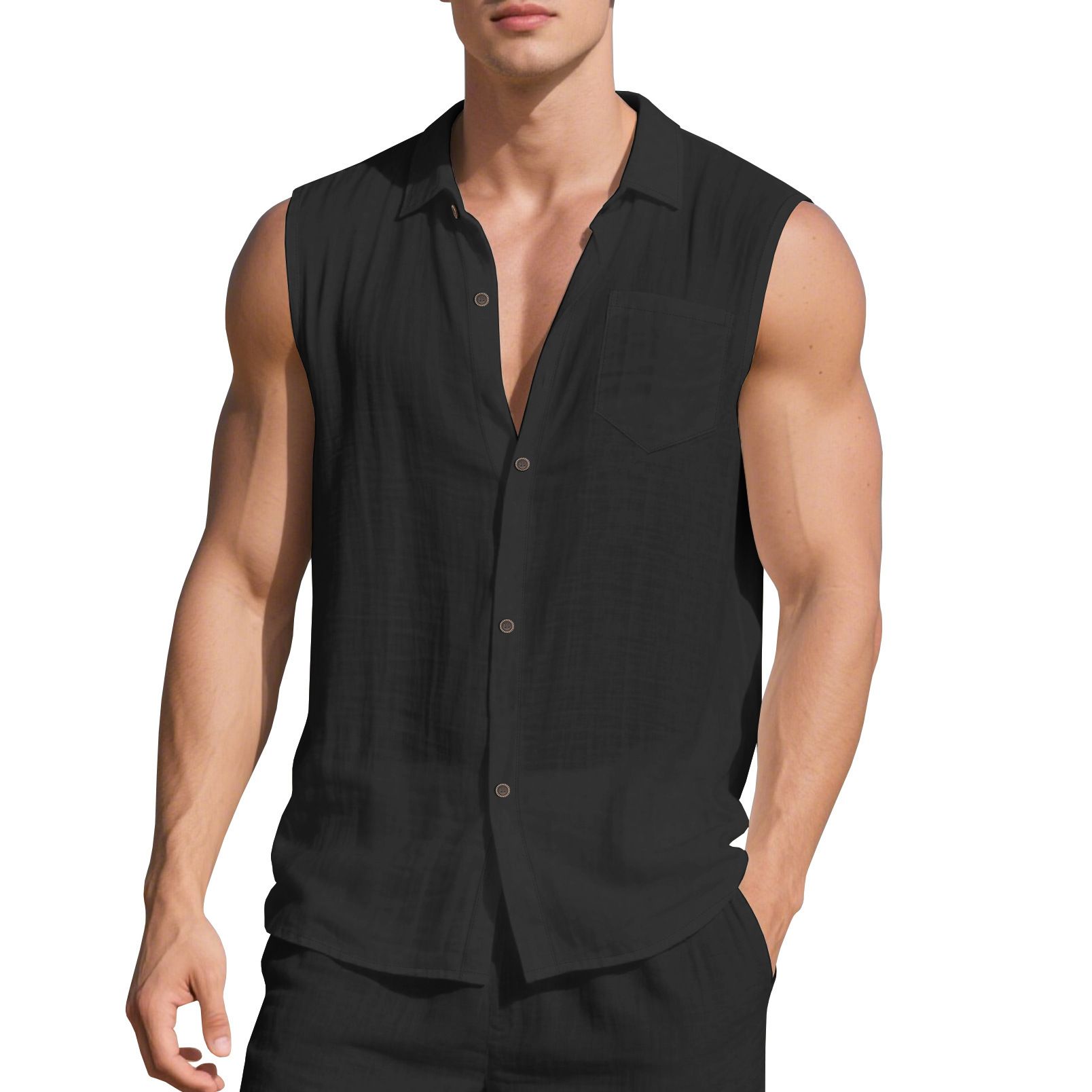 Clothes > Men's Clothing > Tops > Shirts European and American fashionable lapel men's summer new loose linen simple casual sleeveless cardigan beach shirt