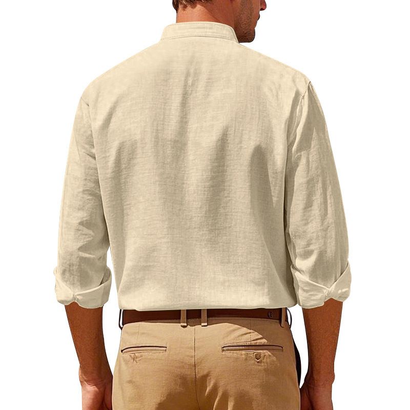 Clothes > Men's Clothing > Tops > Shirts Spring and Autumn Linen Shirt Long Sleeve Stand Collar Breathable Casual Men's New Chinese Pocket Shirt