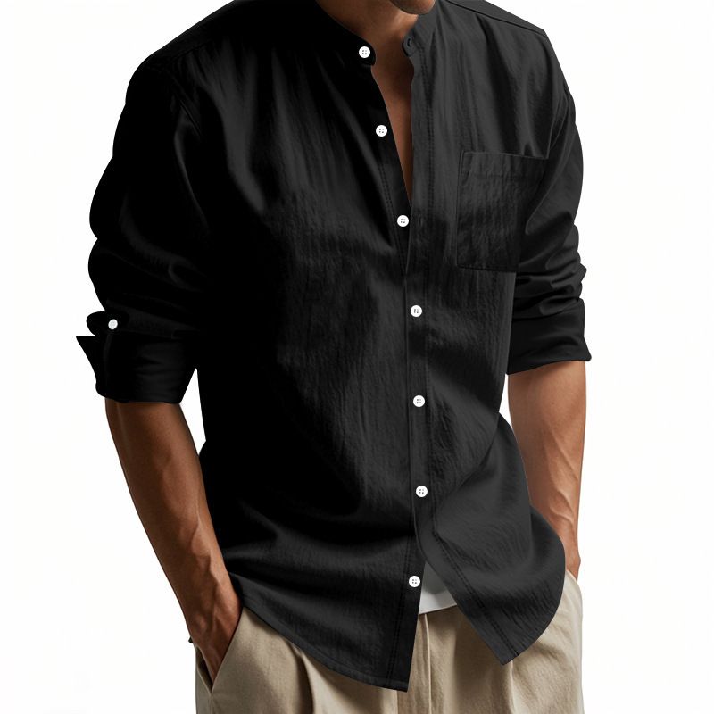 Clothes > Men's Clothing > Tops > Shirts Spring and Autumn Linen Shirt Long Sleeve Stand Collar Breathable Casual Men's New Chinese Pocket Shirt
