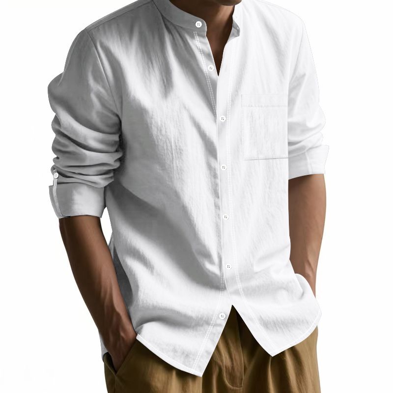 Clothes > Men's Clothing > Tops > Shirts Spring and Autumn Linen Shirt Long Sleeve Stand Collar Breathable Casual Men's New Chinese Pocket Shirt