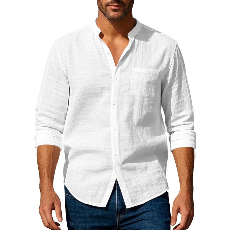Clothes > Men's Clothing > Tops > Shirts Spring and Autumn Linen Shirt Long Sleeve Stand Collar Breathable Casual Men's New Chinese Pocket Shirt