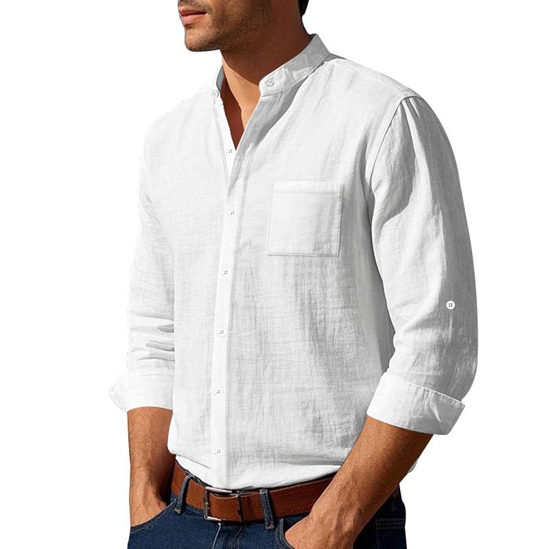 Clothes > Men's Clothing > Tops > Shirts Spring and Autumn Linen Shirt Long Sleeve Stand Collar Breathable Casual Men's New Chinese Pocket Shirt