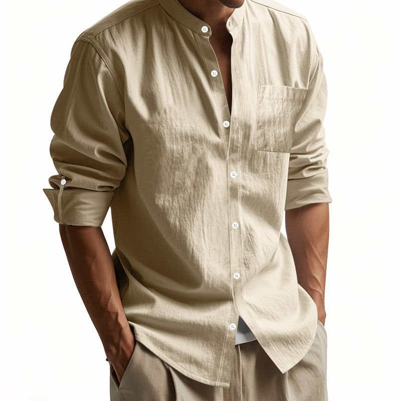 Clothes > Men's Clothing > Tops > Shirts Spring and Autumn Linen Shirt Long Sleeve Stand Collar Breathable Casual Men's New Chinese Pocket Shirt