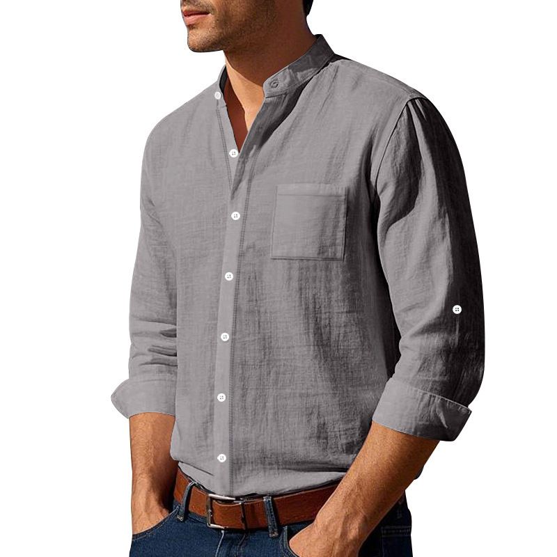 Clothes > Men's Clothing > Tops > Shirts Spring and Autumn Linen Shirt Long Sleeve Stand Collar Breathable Casual Men's New Chinese Pocket Shirt