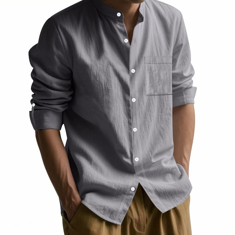 Clothes > Men's Clothing > Tops > Shirts Spring and Autumn Linen Shirt Long Sleeve Stand Collar Breathable Casual Men's New Chinese Pocket Shirt