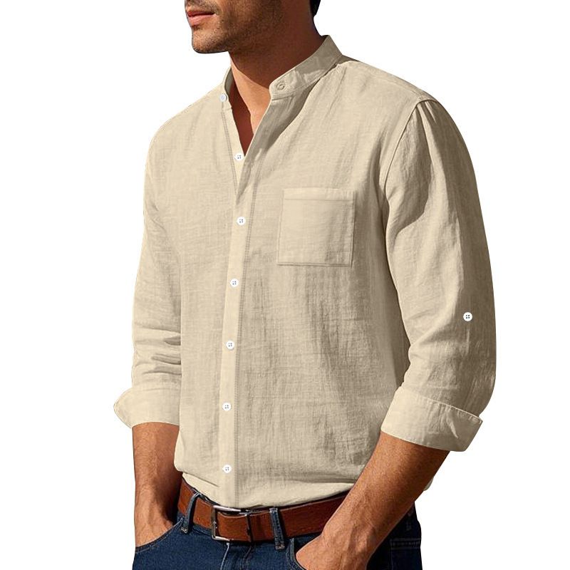 Clothes > Men's Clothing > Tops > Shirts Spring and Autumn Linen Shirt Long Sleeve Stand Collar Breathable Casual Men's New Chinese Pocket Shirt