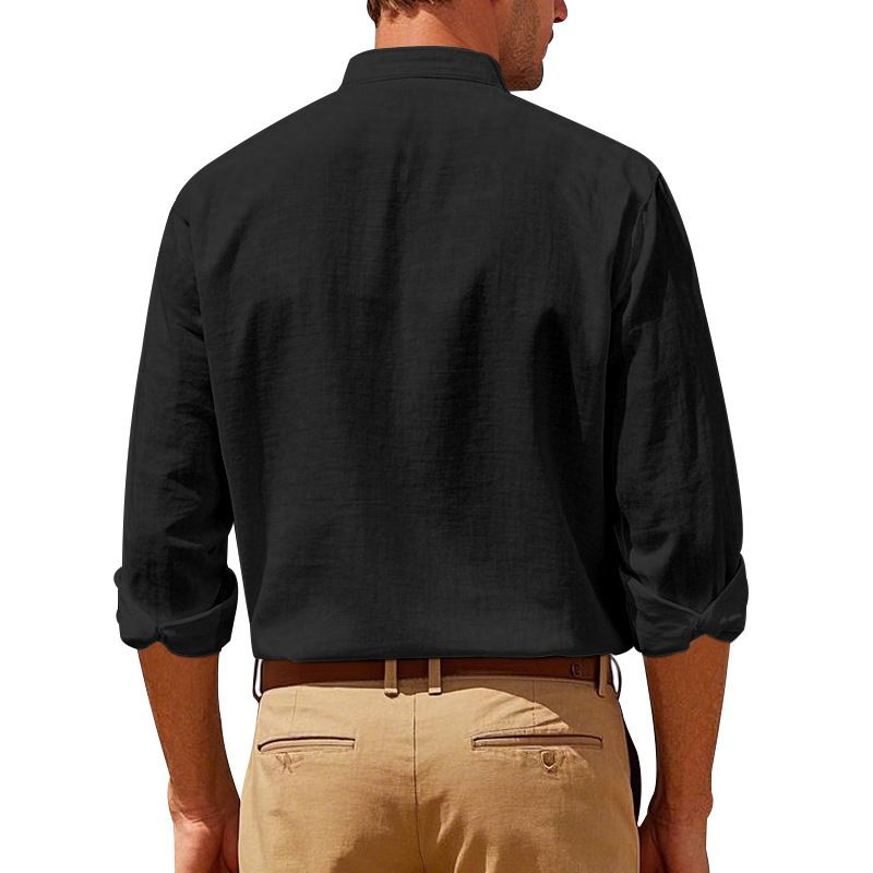 Clothes > Men's Clothing > Tops > Shirts Spring and Autumn Linen Shirt Long Sleeve Stand Collar Breathable Casual Men's New Chinese Pocket Shirt
