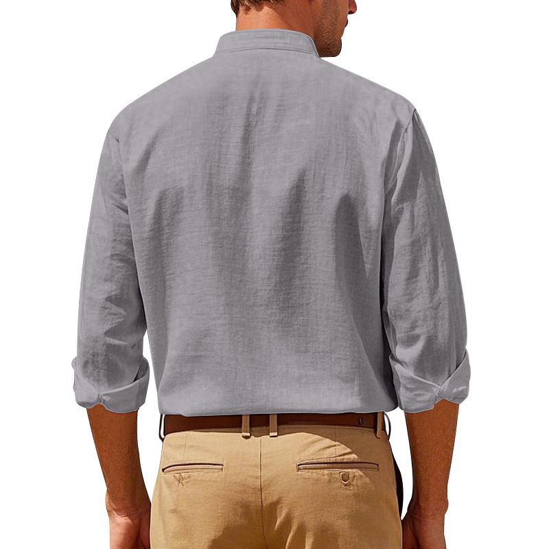 Clothes > Men's Clothing > Tops > Shirts Spring and Autumn Linen Shirt Long Sleeve Stand Collar Breathable Casual Men's New Chinese Pocket Shirt