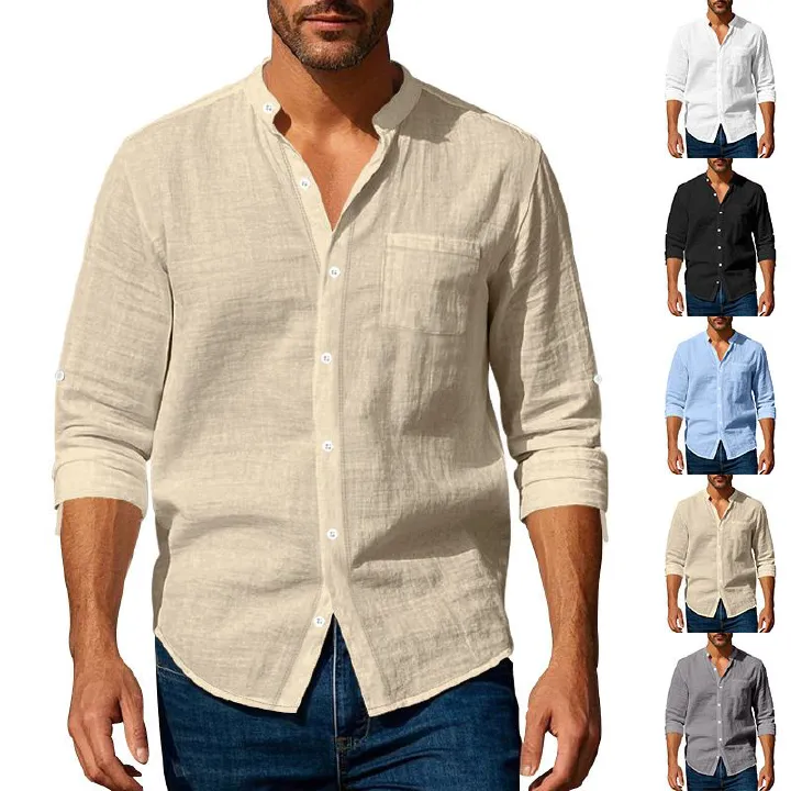 Clothes > Men's Clothing > Tops > Shirts Spring and Autumn Linen Shirt Long Sleeve Stand Collar Breathable Casual Men's New Chinese Pocket Shirt