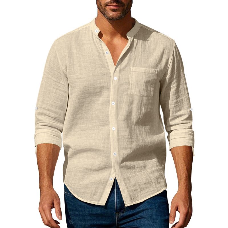 Clothes > Men's Clothing > Tops > Shirts Spring and Autumn Linen Shirt Long Sleeve Stand Collar Breathable Casual Men's New Chinese Pocket Shirt