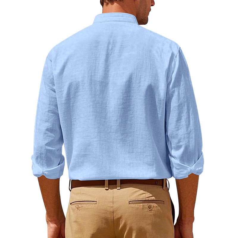 Clothes > Men's Clothing > Tops > Shirts Spring and Autumn Linen Shirt Long Sleeve Stand Collar Breathable Casual Men's New Chinese Pocket Shirt
