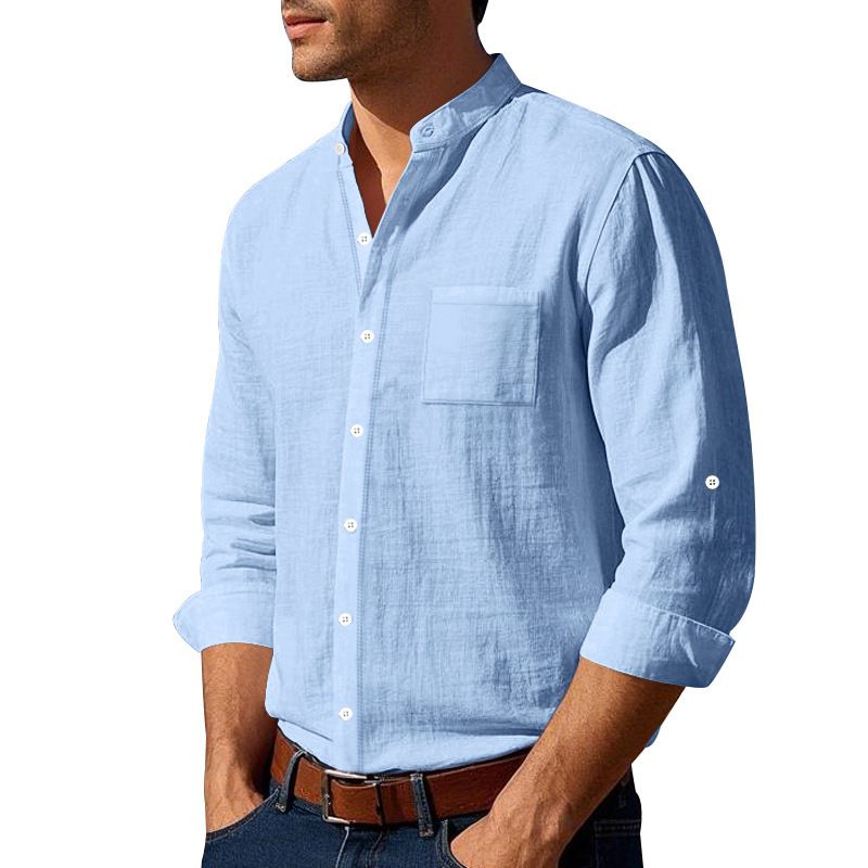 Clothes > Men's Clothing > Tops > Shirts Spring and Autumn Linen Shirt Long Sleeve Stand Collar Breathable Casual Men's New Chinese Pocket Shirt