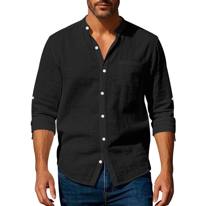 Clothes > Men's Clothing > Tops > Shirts Spring and Autumn Linen Shirt Long Sleeve Stand Collar Breathable Casual Men's New Chinese Pocket Shirt