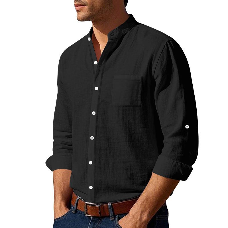 Clothes > Men's Clothing > Tops > Shirts Spring and Autumn Linen Shirt Long Sleeve Stand Collar Breathable Casual Men's New Chinese Pocket Shirt