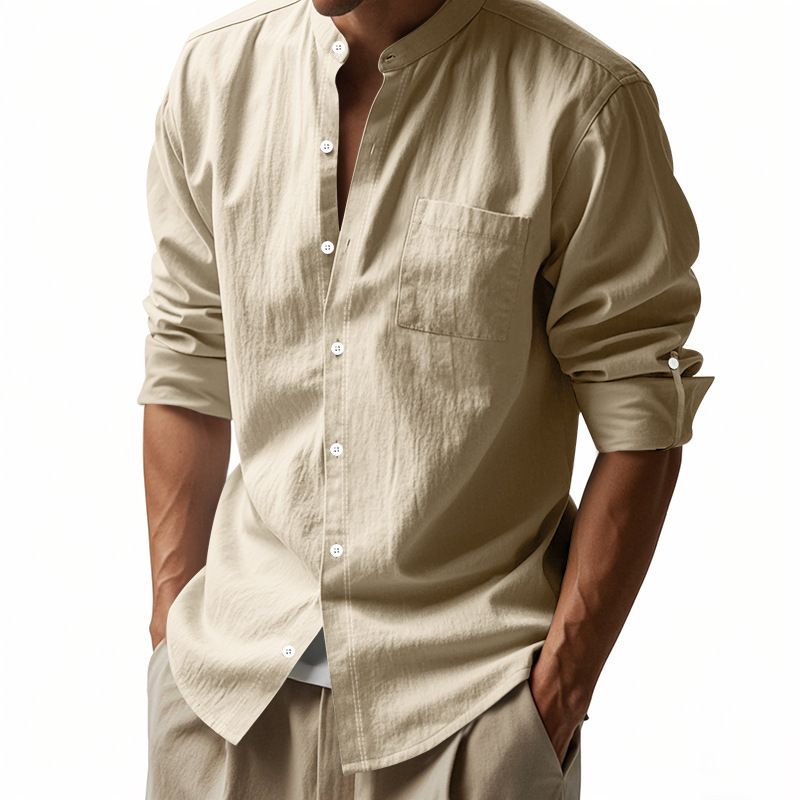 Clothes > Men's Clothing > Tops > Shirts Spring and Autumn Linen Shirt Long Sleeve Stand Collar Breathable Casual Men's New Chinese Pocket Shirt