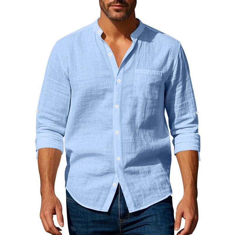 Clothes > Men's Clothing > Tops > Shirts Spring and Autumn Linen Shirt Long Sleeve Stand Collar Breathable Casual Men's New Chinese Pocket Shirt