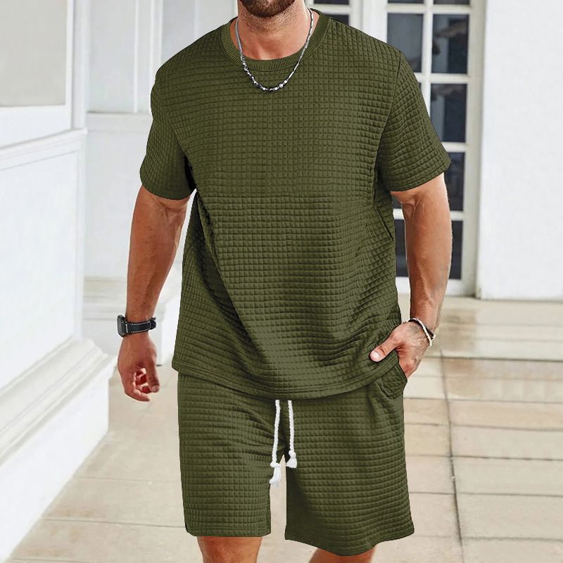 Clothes > Men's Clothing > Clothing Sets > Two-Piece Outfits New men's sports casual suit solid color round neck T-shirt shorts 2-piece set fashionable men's summer suit
