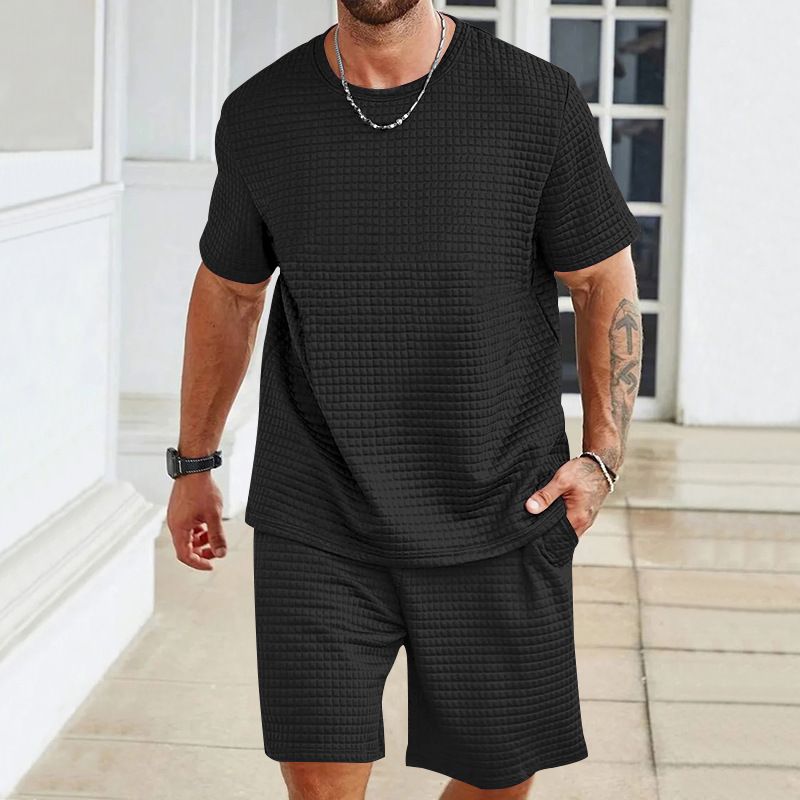 Clothes > Men's Clothing > Clothing Sets > Two-Piece Outfits New men's sports casual suit solid color round neck T-shirt shorts 2-piece set fashionable men's summer suit