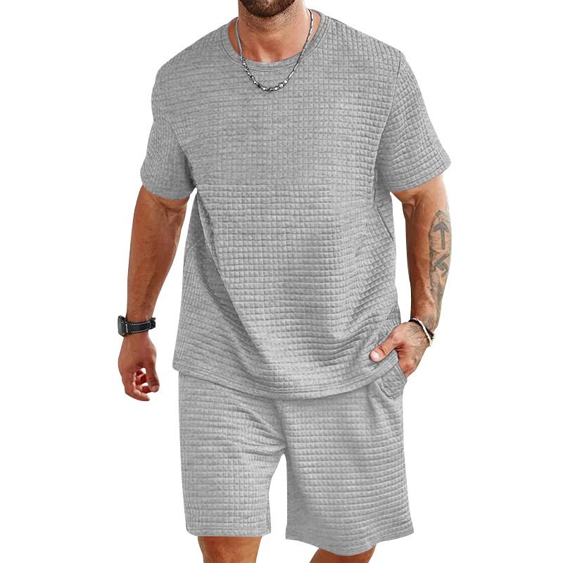 Clothes > Men's Clothing > Clothing Sets > Two-Piece Outfits New men's sports casual suit solid color round neck T-shirt shorts 2-piece set fashionable men's summer suit