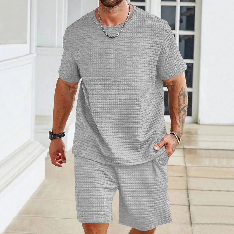 Clothes > Men's Clothing > Clothing Sets > Two-Piece Outfits New men's sports casual suit solid color round neck T-shirt shorts 2-piece set fashionable men's summer suit